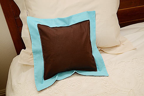 Pillow sham.12"x12" Square. Brown with AQUA Blue color border